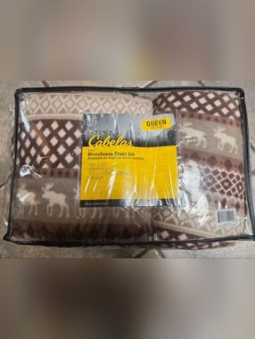 Cabela's Brown and Cream Moose Microfleece Queen Sheet Set Rare, NEW IN PACKAGE